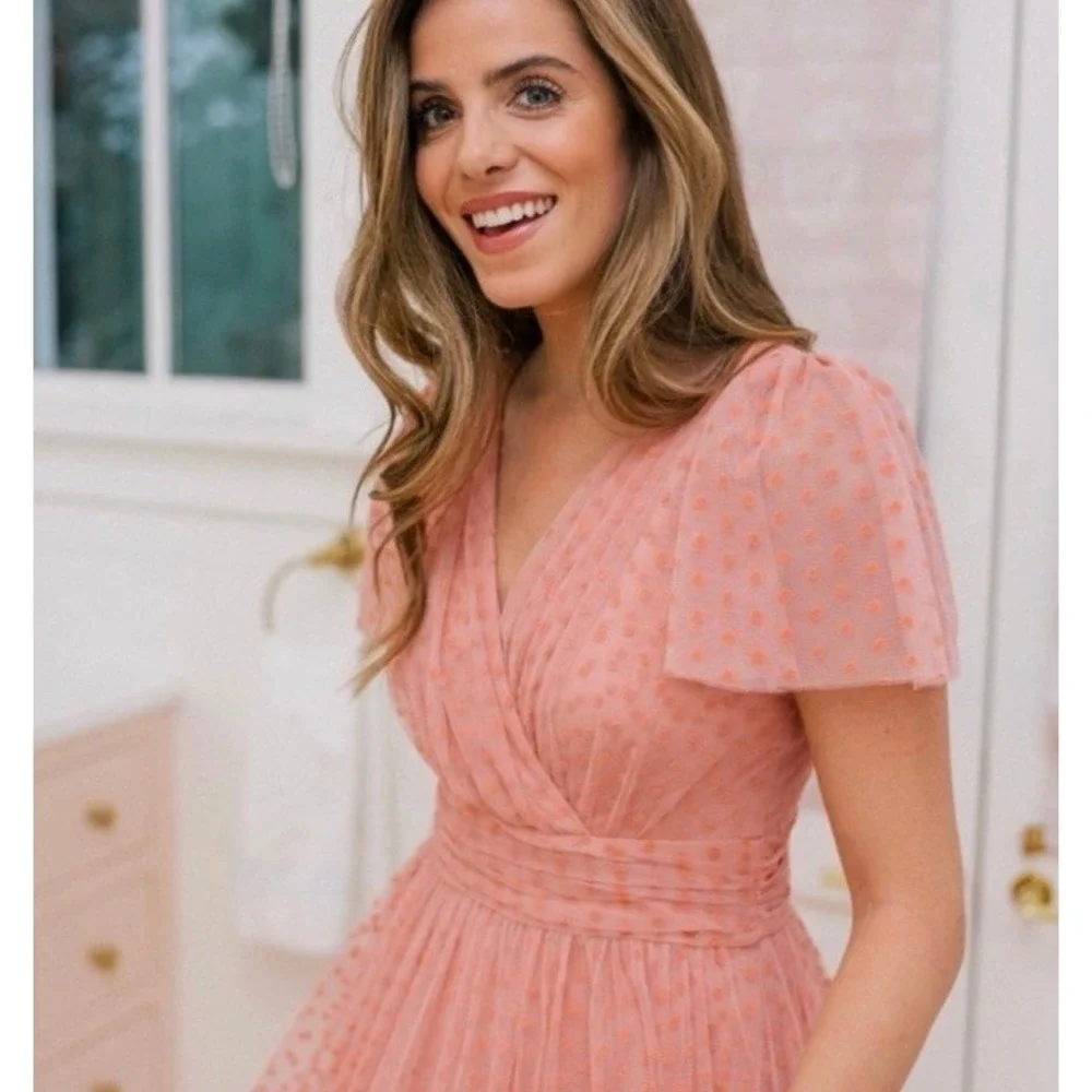 New Gal Meets Glam Zelda Dress Pink Above Knee Polka Short Sleeve Size 4 6 Mesh